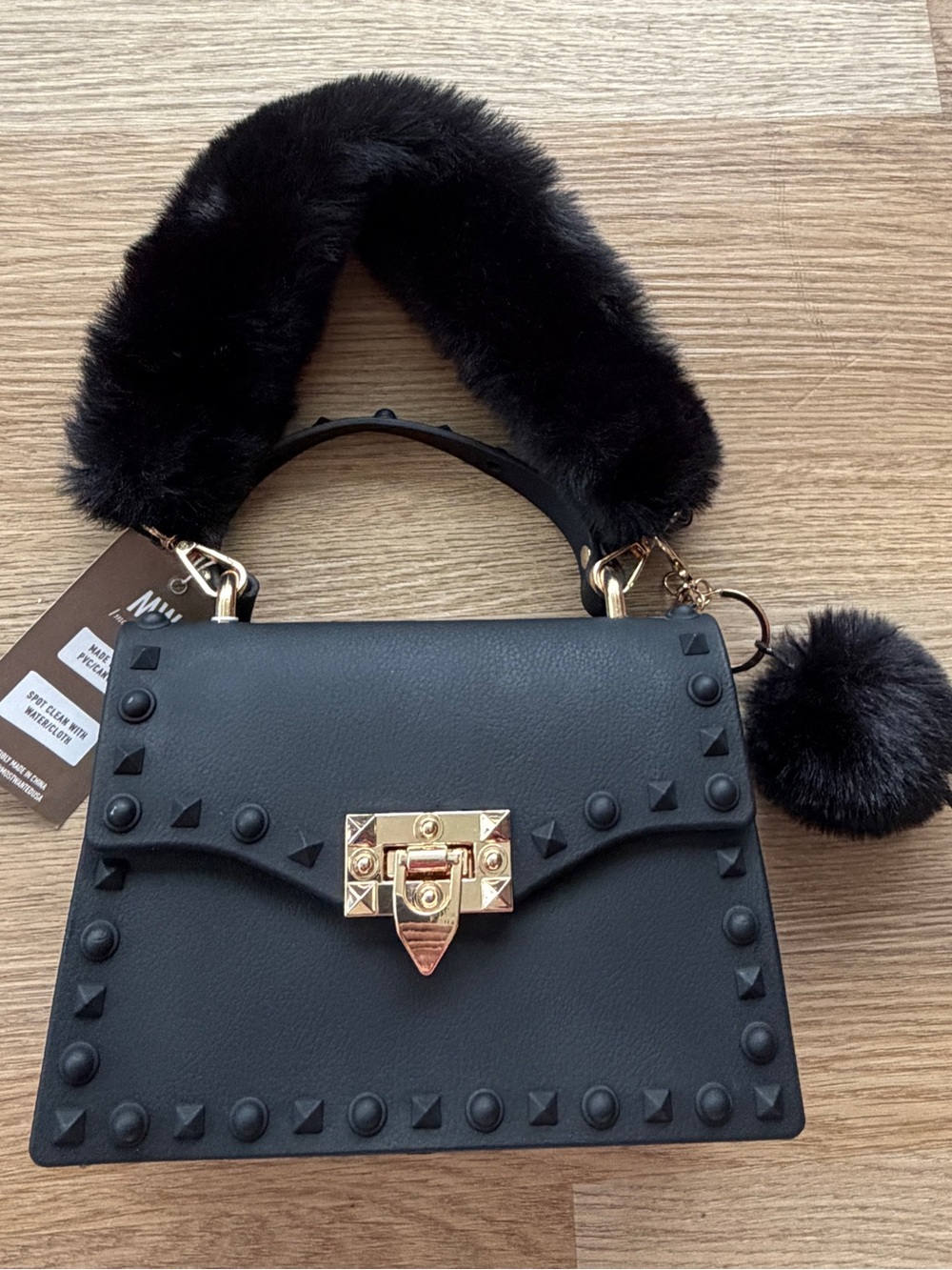 Y2K NWT Black Stud Purse Bag Faux-Fur Strap Crossbody Battery Adaptor Options